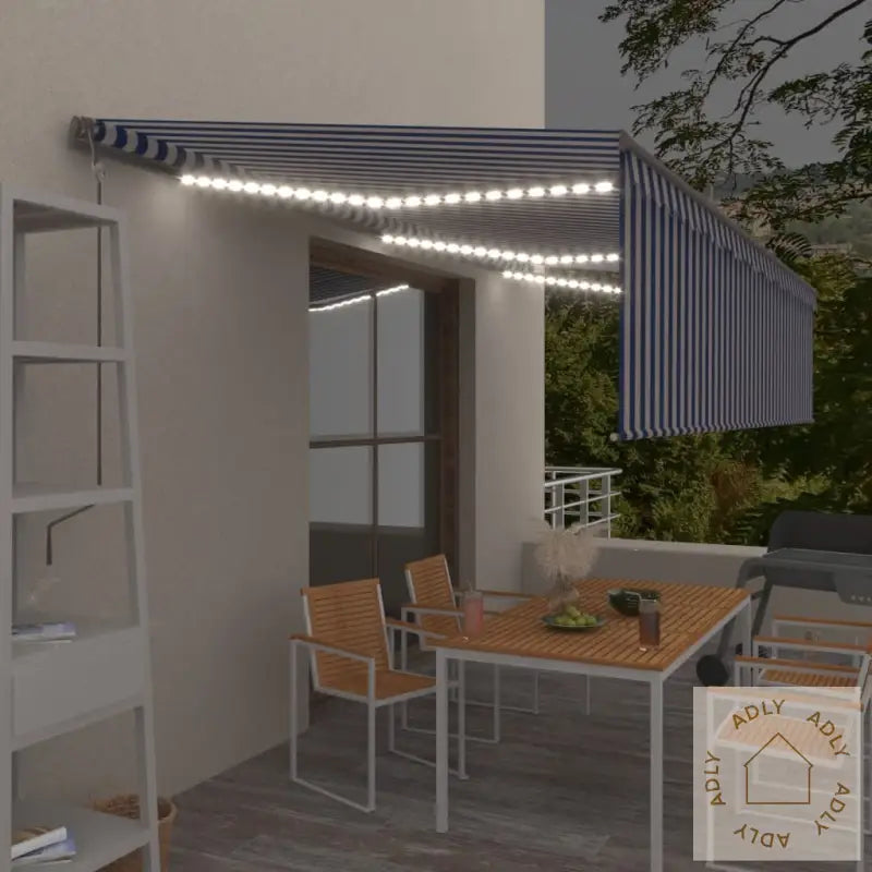 Automatisk Markise Rullegardin Led Vindsensor 6X3 M Blå Og Hvit