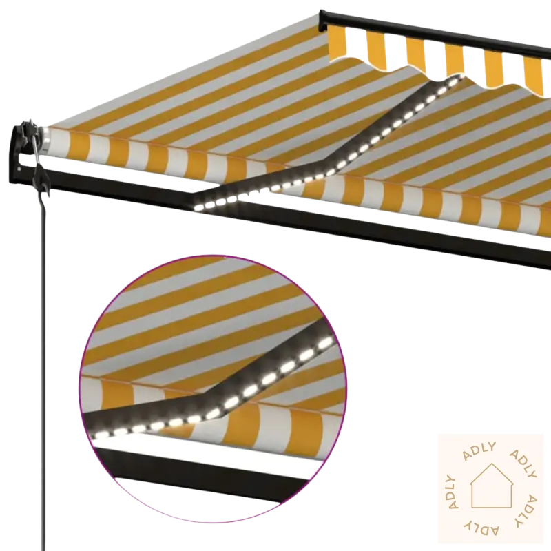 Uttrekkbare markisen med striped awning, LED-lys og lett aluminiumsramme