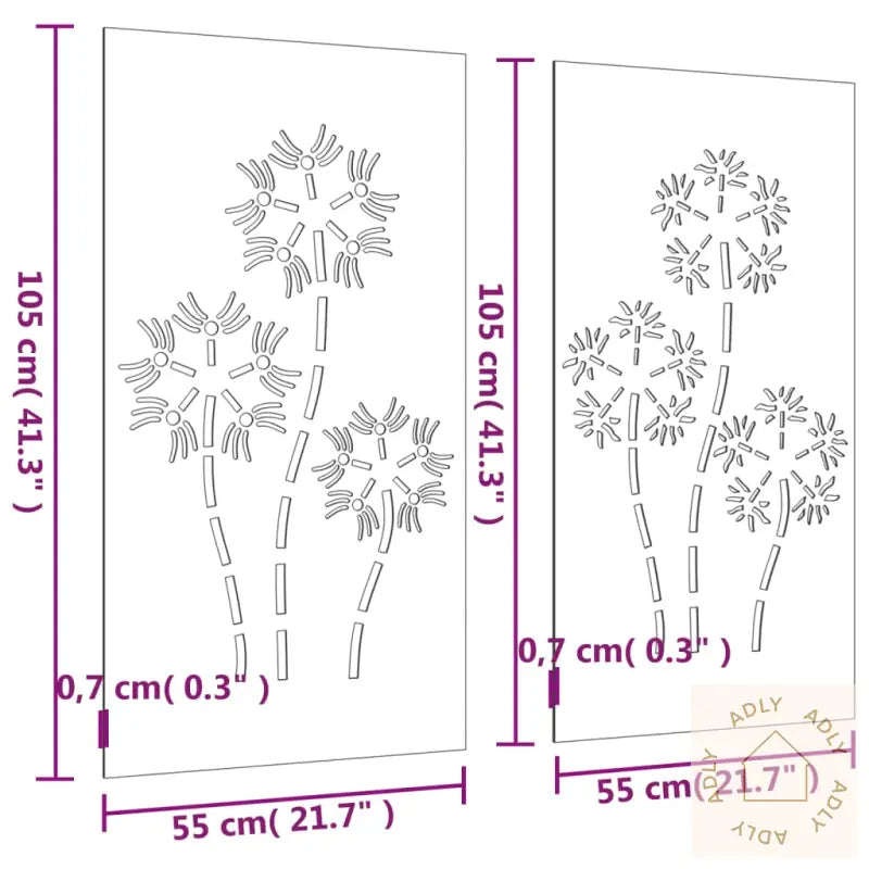 Veggdekorasjoner Hage 2 Stk 105X55 Cm Cortenstål Blomsterdesign