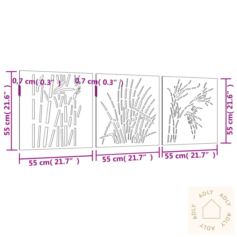 Veggdekorasjoner Til Hage 3 Stk 55X55 Cm Cortenstål Gressdesign