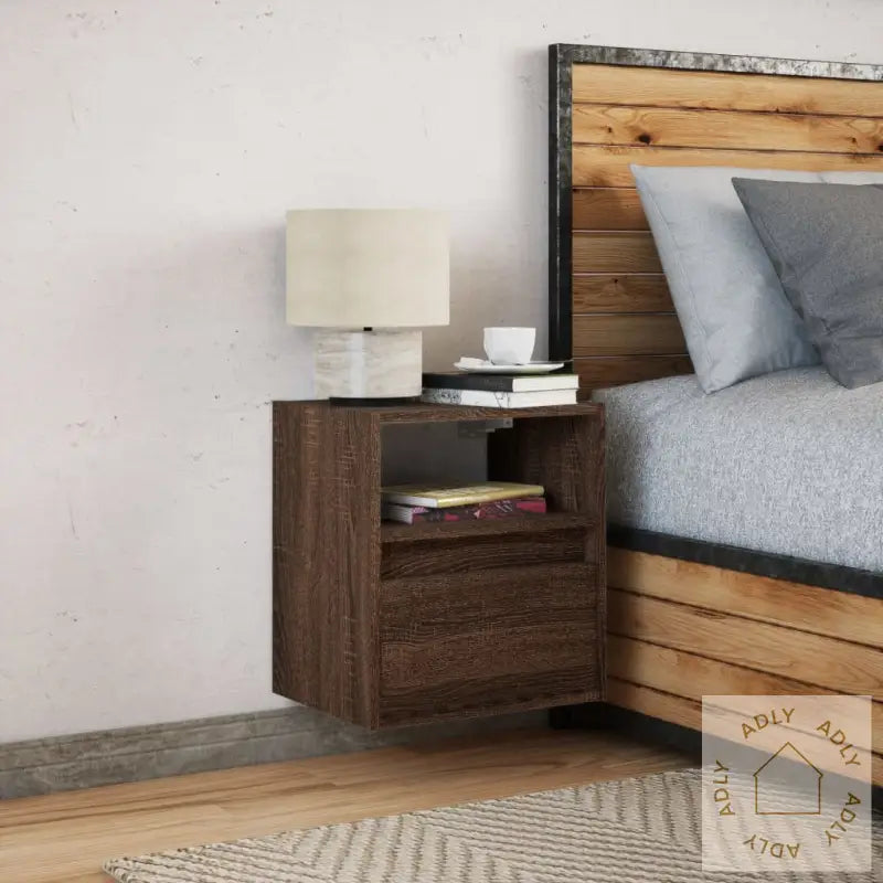 Vegghengt Nattbord Med Led-Lys 2 Stk Brun Eik