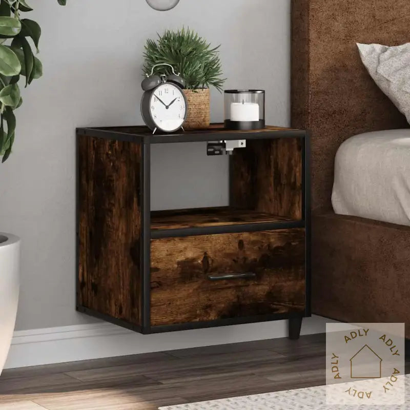 Veggmonterte Nattbord 2 Stk Røkt Eik 40X31X39,5 Cm
