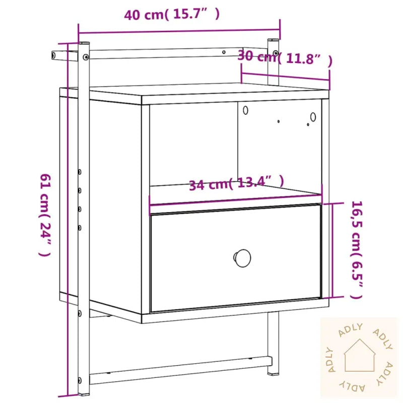 Nattbord Veggmontert Brun Eik 40X30X61 Cm Konstruert Tre