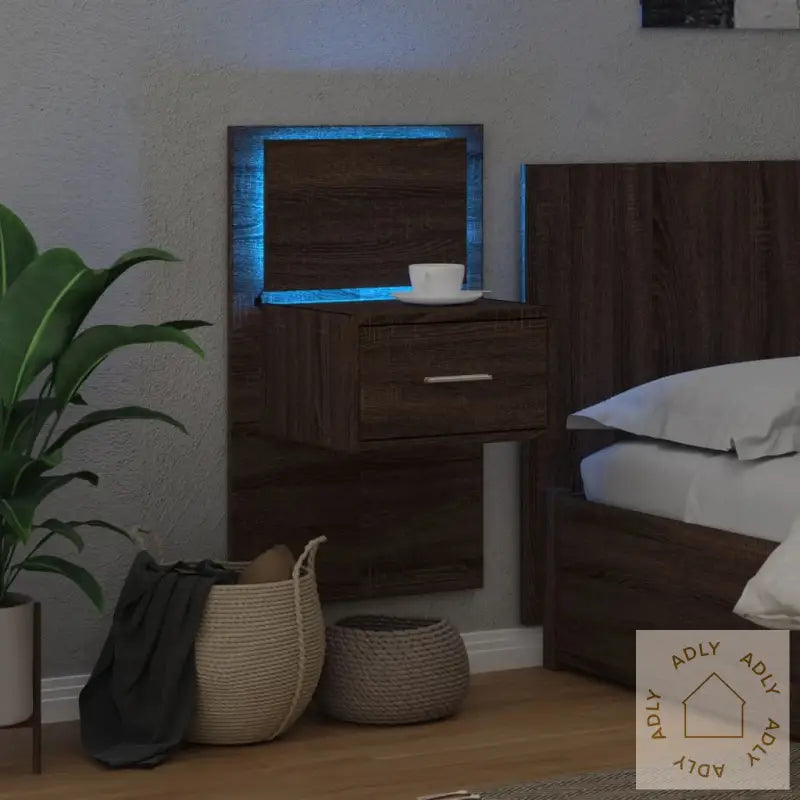 Vegghengt Nattbord Med Led-Lys 2 Stk Brun Eik