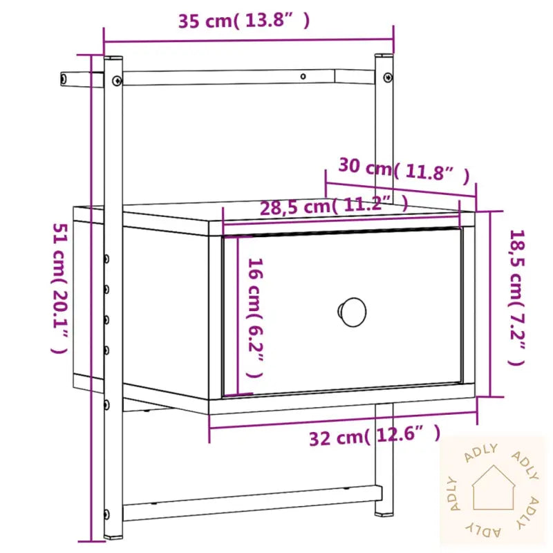 Nattbord Veggmontert Brun Eik 35X30X51 Cm Konstruert Tre