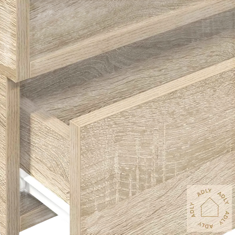 Vegghengt nattbord i sonoma eik med tre hvite metallskinner, passer perfekt ved sengen