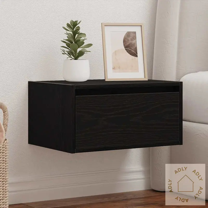 Vegghengt Nattbord Med Led-Lys Svart Eik