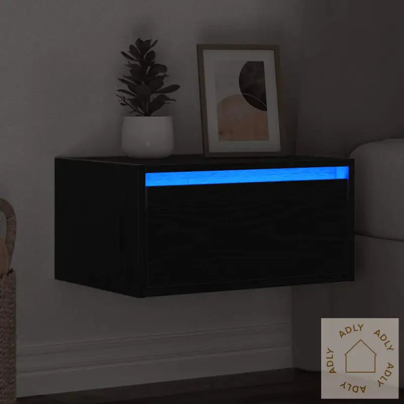 Vegghengt Nattbord Med Led-Lys Svart Eik