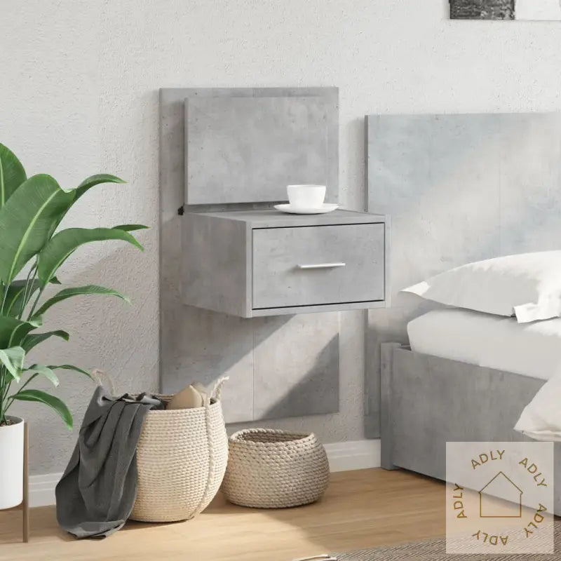 Vegghengt Nattbord Med Led-Lys Betonggrå