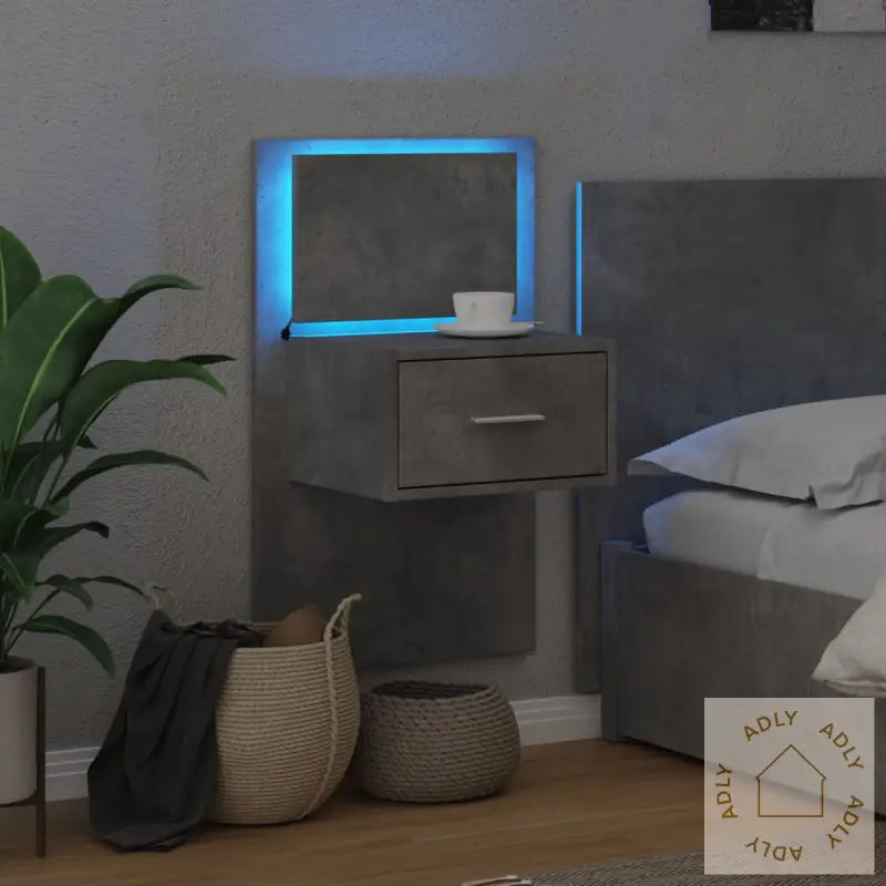 Vegghengt Nattbord Med Led-Lys Betonggrå