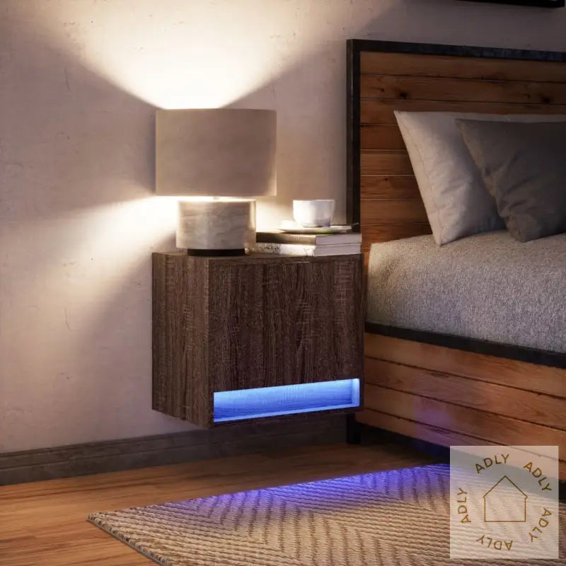 Vegghengt Nattbord Med Led-Lys 2 Stk Brun Eik