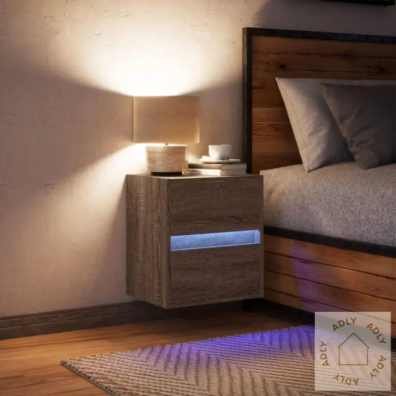 Vegghengt Nattbord Med Led-Lys 2 Stk Brun Eik