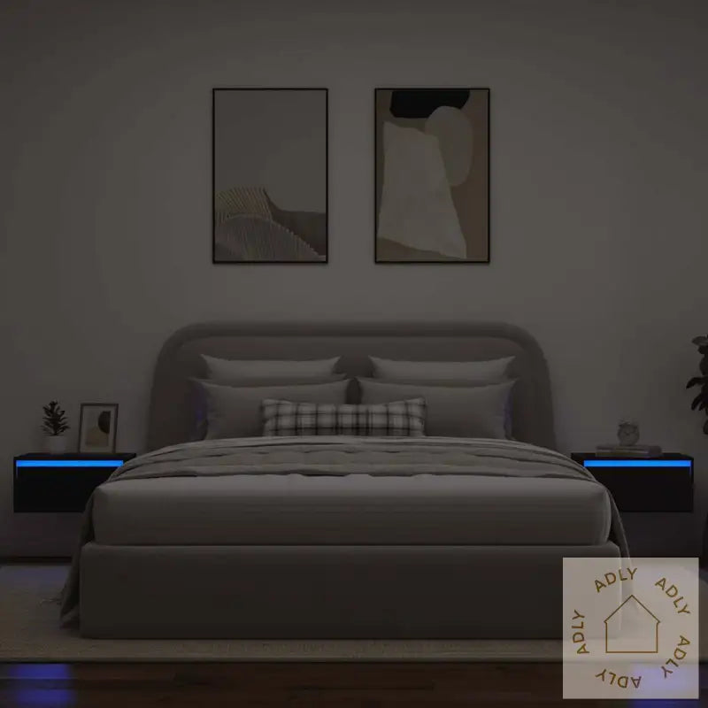 Vegghengte Nattbord Med Led-Lys 2 Stk Svart Eik