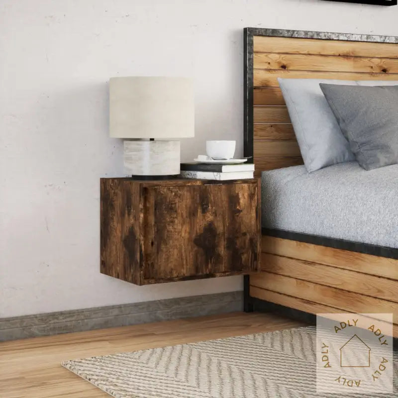 Vegghengt Nattbord Med Led-Lys Røkt Eik