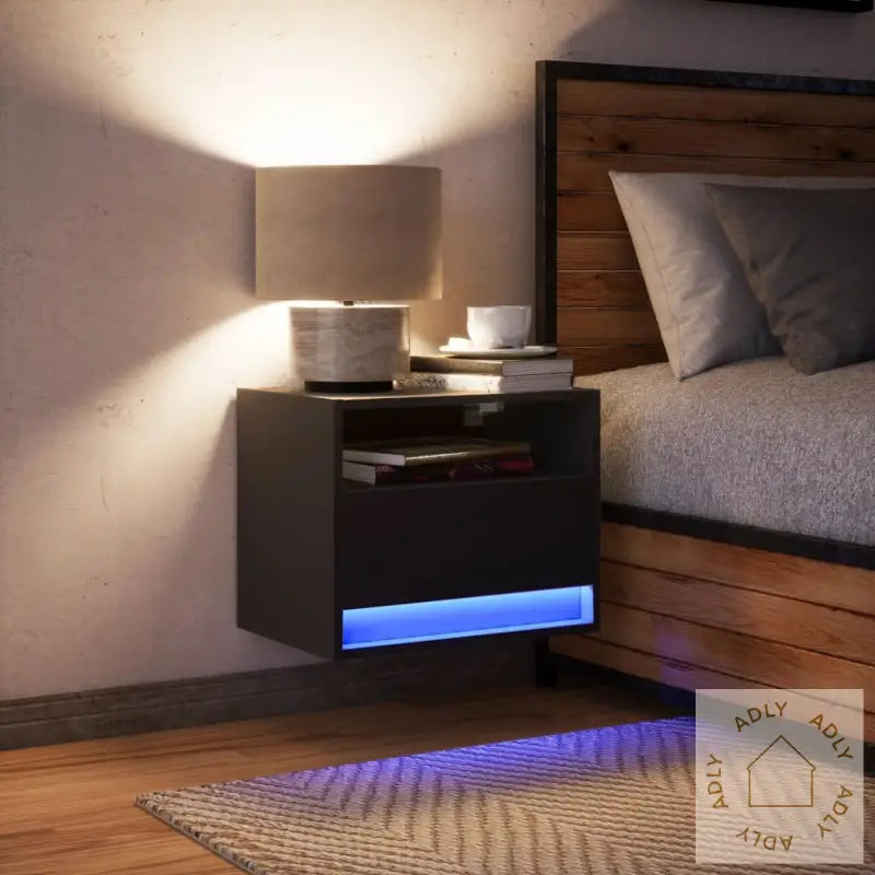 Vegghengt Nattbord Med Led-Lys Svart