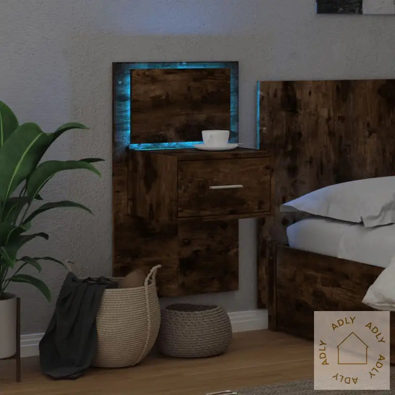 Vegghengt Nattbord Med Led-Lys Røkt Eik