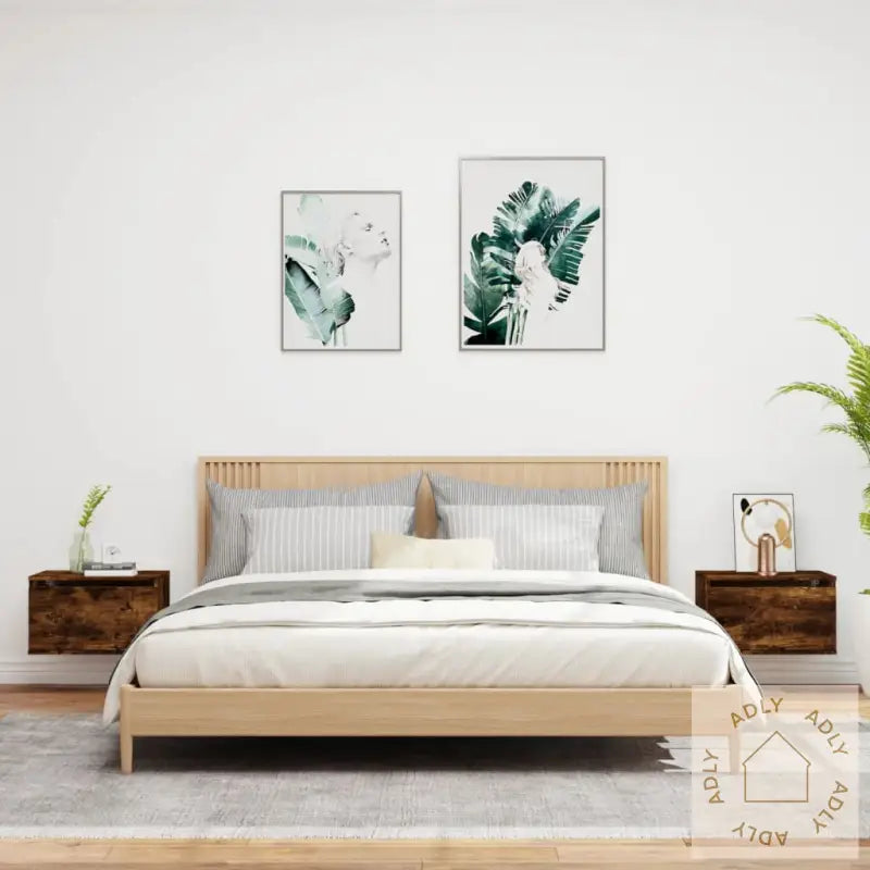 Vegghengte Nattbord Med Led-Lys 2 Stk Røkt Eik