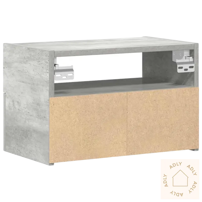 Vegghengt nattbord praktisk med betong-utseende og lyse dører for soverommet