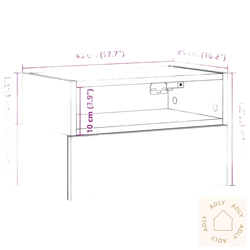 Bilde av vegghengt nattbord praktisk med mål for Vegghengt nattbord praktisk og stilig