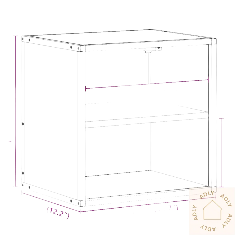Outline drawing av vegghengt nattbord praktiske med dimensjoner for et ryddig soverom