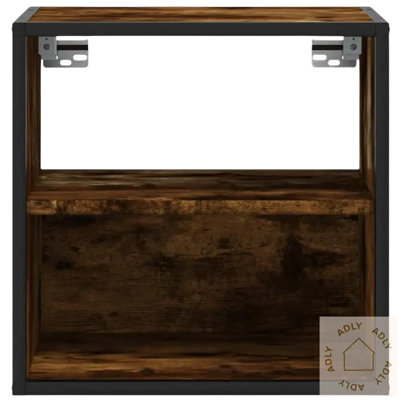 Rustikk vegghengt nattbord i tre og metall, perfekt for et ryddig soverom