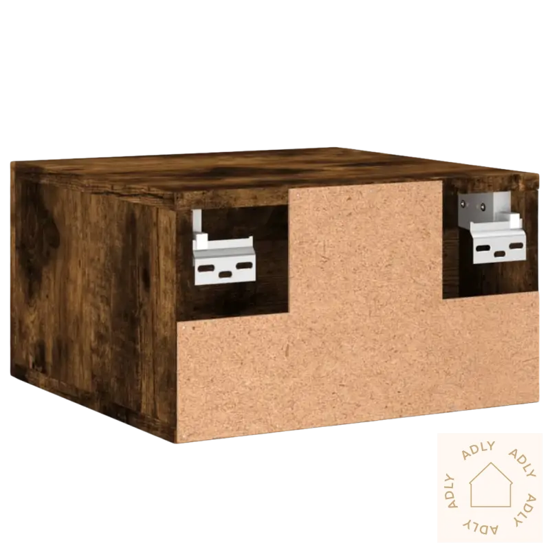 Brown vegghengt nattbord med slitesterkt tre og metallhåndtak for soverommet