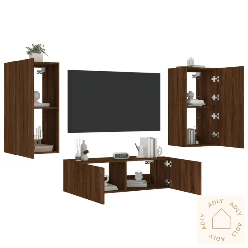 Vegghengte Tv-Benker Med Led 3 Stk Brun Eik