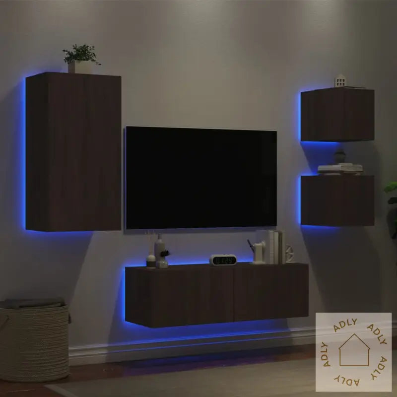 Vegghengte Tv-Benker Med Led 4 Stk Brun Eik