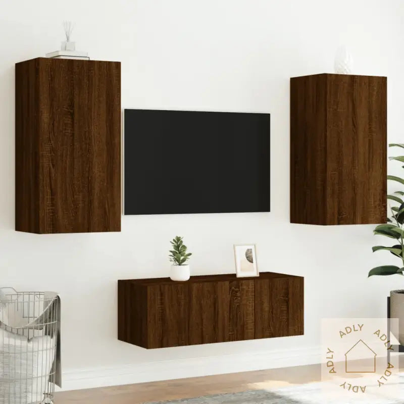 Vegghengte Tv-Enheter Med Led 4 Deler Brun Eik Konstruert Tre