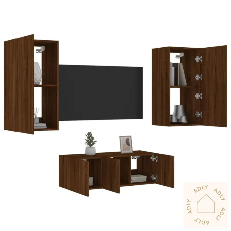 Vegghengte Tv-Enheter Med Led 4 Deler Brun Eik Konstruert Tre