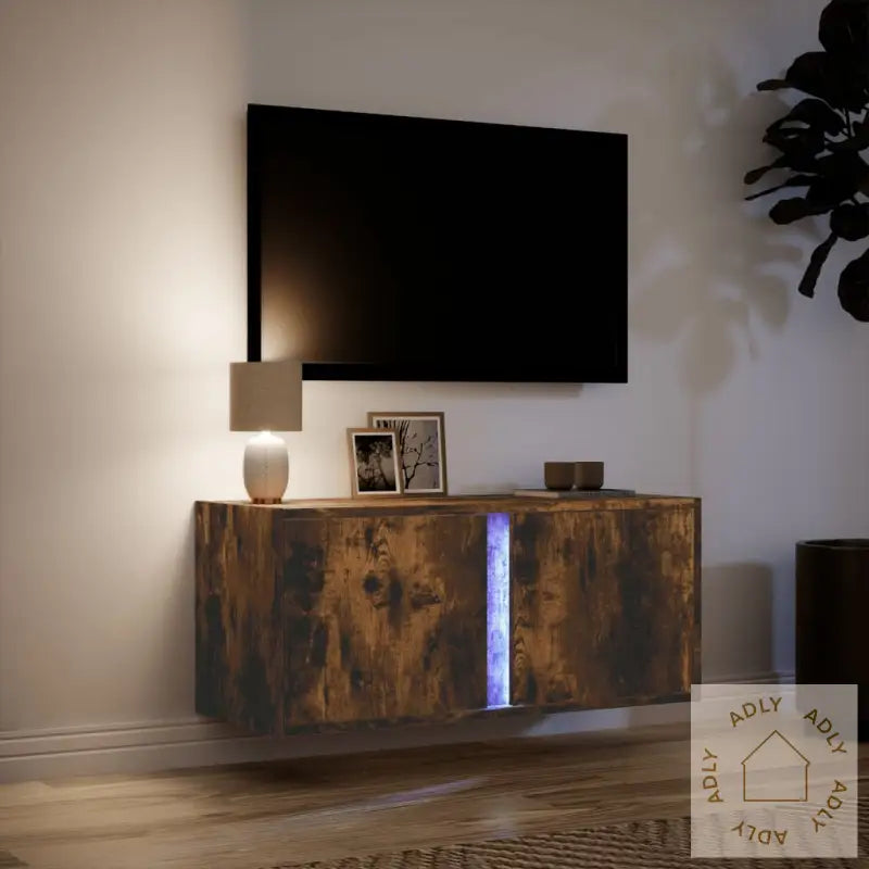 Vegghengt Tv-Benk Med Led Røkt Eik 80X31X35 Cm