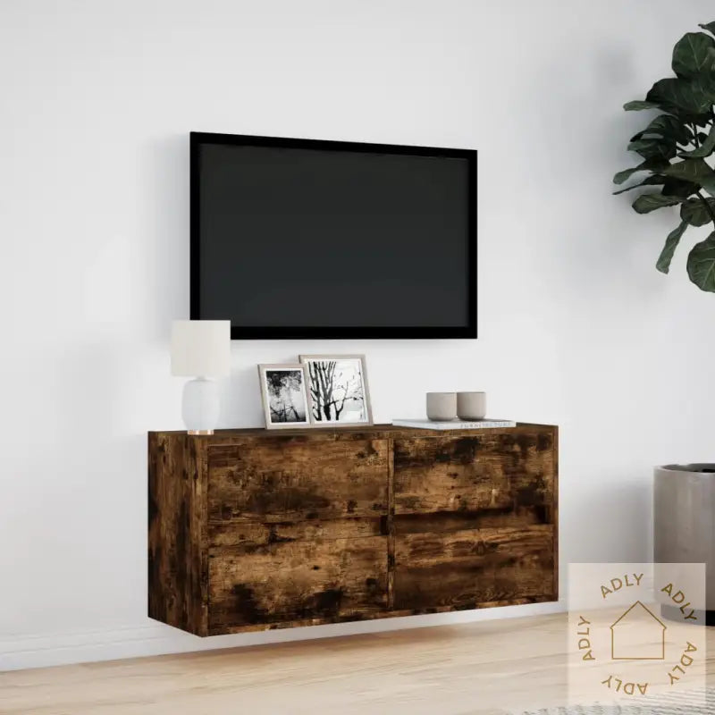 Vegghengt Tv-Benk Med Led Røkt Eik 100X31X45 Cm