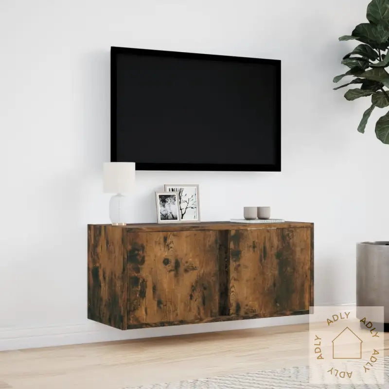 Vegghengt Tv-Benk Med Led Røkt Eik 80X31X35 Cm