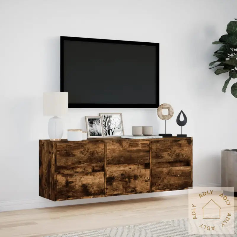 Vegghengt Tv-Benk Med Led Røkt Eik 130X31X45 Cm