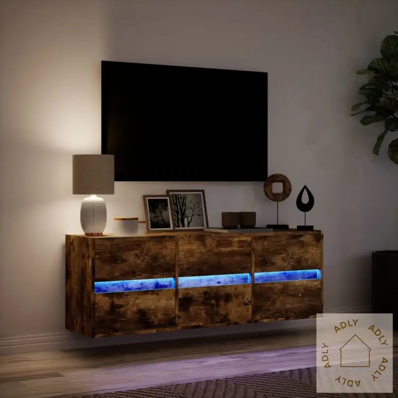 Vegghengt Tv-Benk Med Led Røkt Eik 130X31X45 Cm