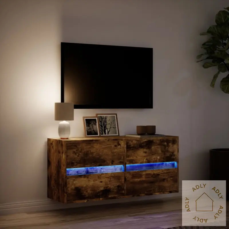 Vegghengt Tv-Benk Med Led Røkt Eik 100X31X45 Cm