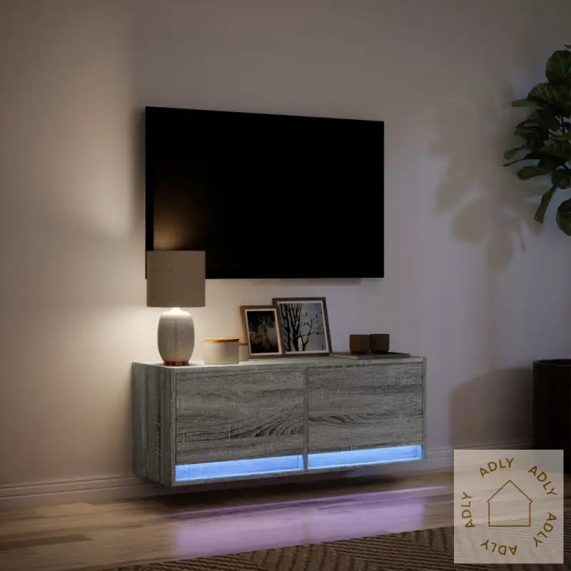 Vegghengt Tv-Benk Med Led Grå Sonoma 100X31X35 Cm