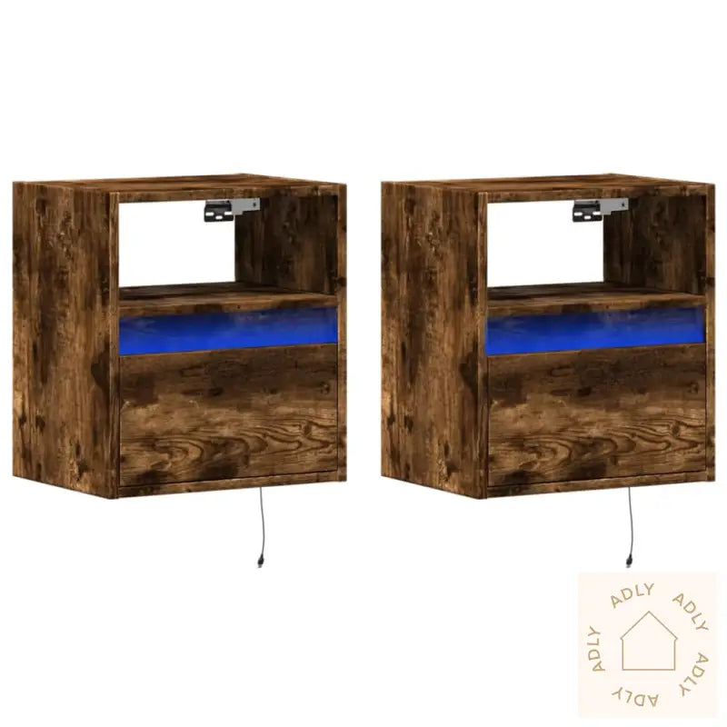 Vegghengt Tv-Benker Med Led-Lys 2 Stk Røkt Eik 41X31X45 Cm