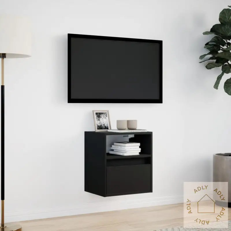 Vegghengt Tv-Benk Med Led Svart 41X31X45 Cm