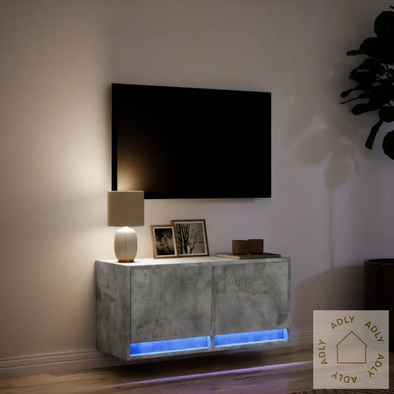Vegghengt Tv-Benk Med Led-Lys Betonggrå 80X31X35 Cm