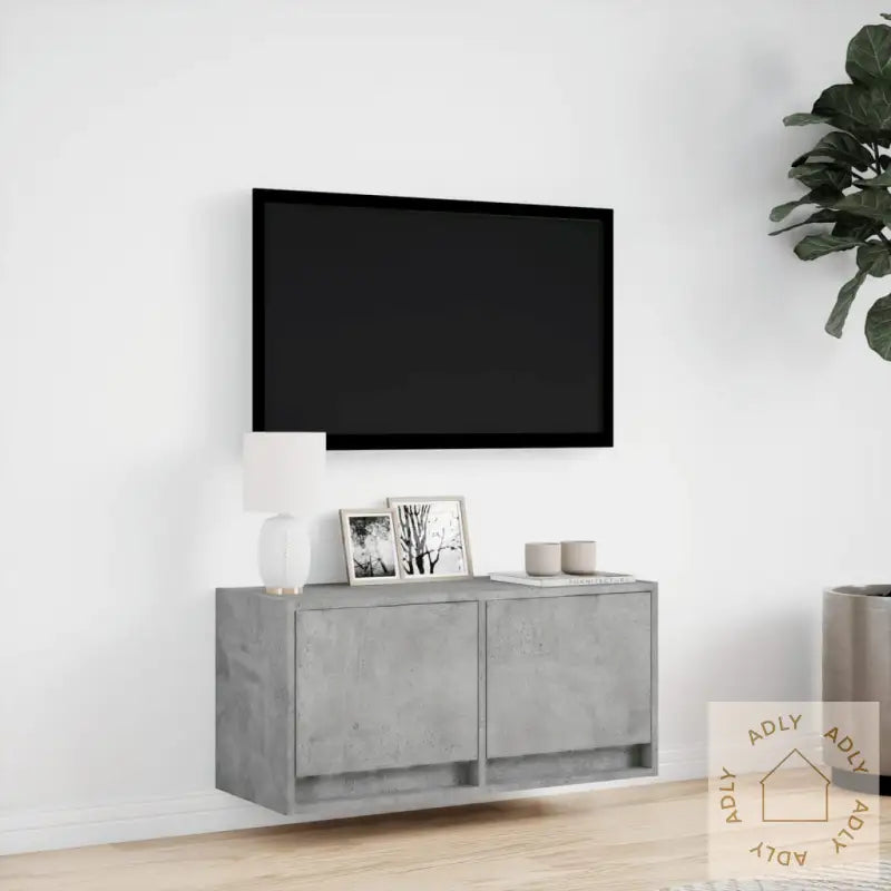 Vegghengt Tv-Benk Med Led-Lys Betonggrå 80X31X35 Cm
