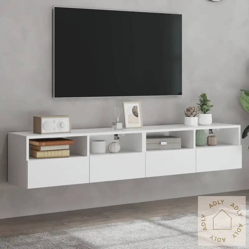 Vegghengte Tv-Benker 2 Stk Hvit 80X30X30 Cm Konstruert Tre