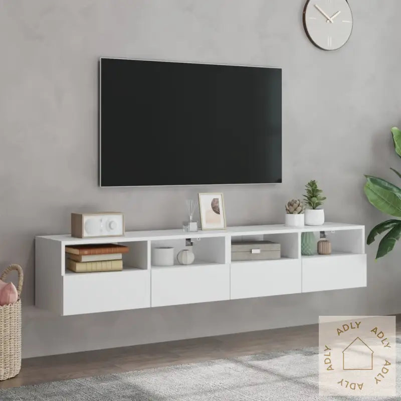Vegghengte Tv-Benker 2 Stk Hvit 80X30X30 Cm Konstruert Tre