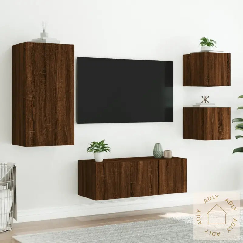Vegghengte Tv-Enheter Med Led 5 Deler Brun Eik Konstruert Tre