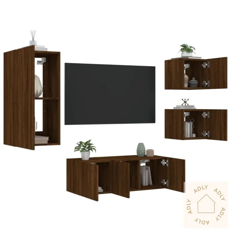 Vegghengte Tv-Enheter Med Led 5 Deler Brun Eik Konstruert Tre