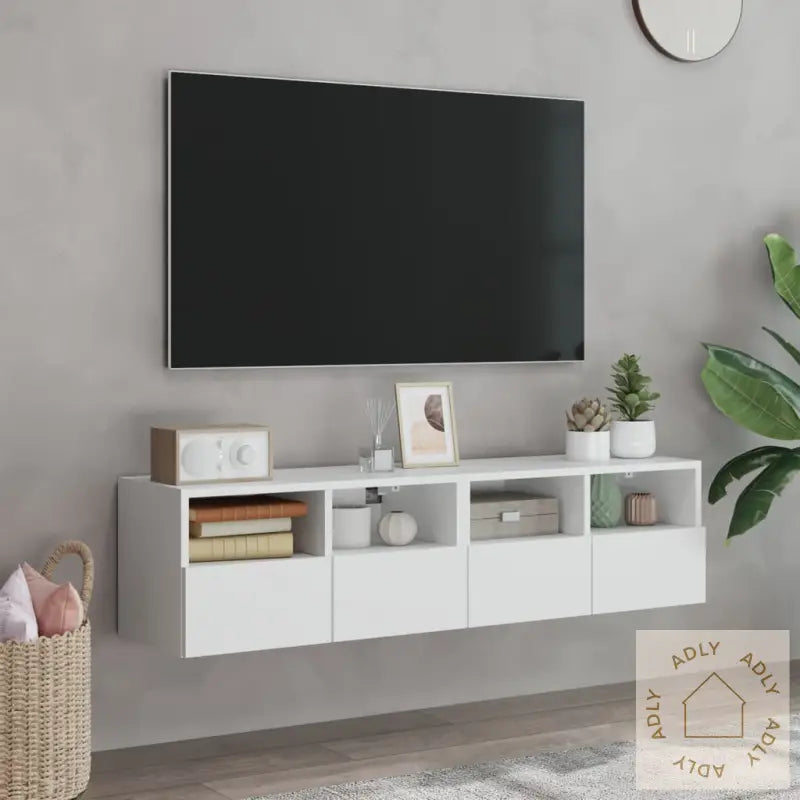 Veggmonterte Tv-Benker 2 Stk Hvit 60X30X30 Cm Konstruert Tre