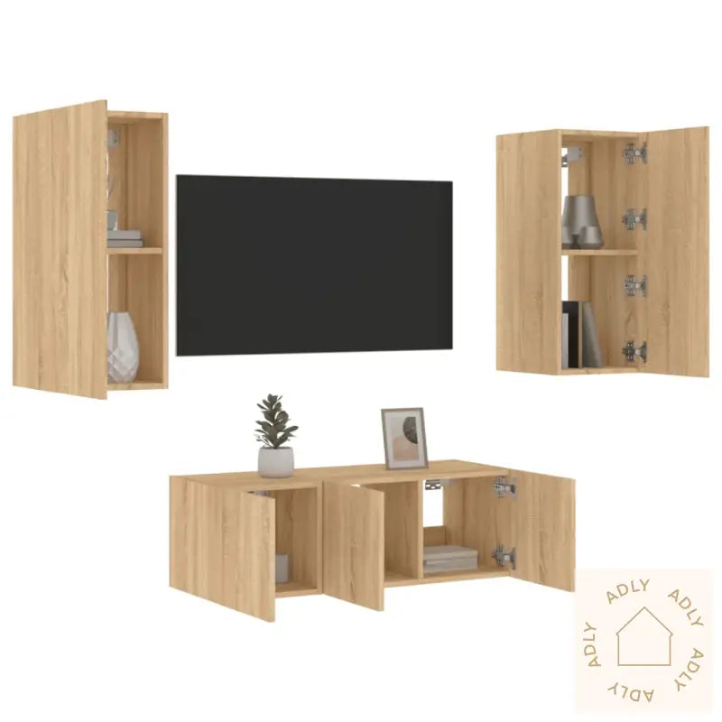 Vegghengte Tv-Enheter Med Led 4 Deler Sonoma Eik Konstruert Tre