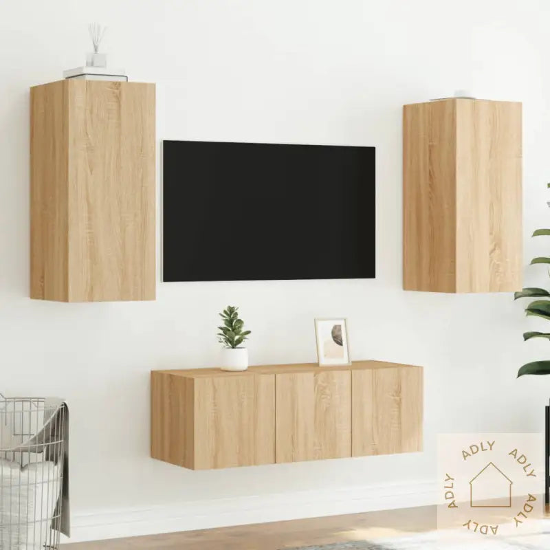 Vegghengte Tv-Enheter Med Led 4 Deler Sonoma Eik Konstruert Tre