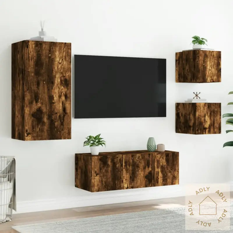 Vegghengte Tv-Enheter 5 Deler Røkt Eik Konstruert Tre