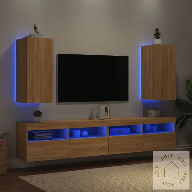 Vegghengte Tv-Benker Med Led 2 Stk Sonoma Eik 30,5X35X70 Cm